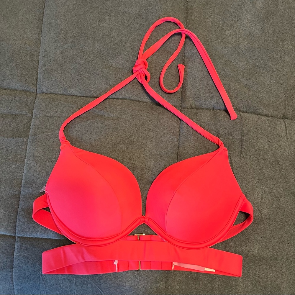 Victoria’s Secret The Hottie Halter Swim Bikini TOP ONLY coral vibrant red 32B